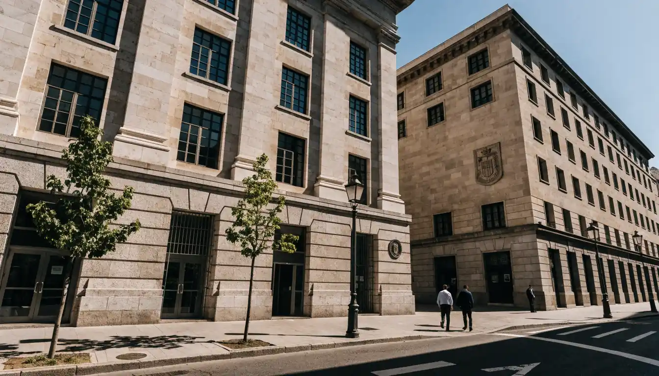 Edificio judicial español junto a edificio con bandera extranjera