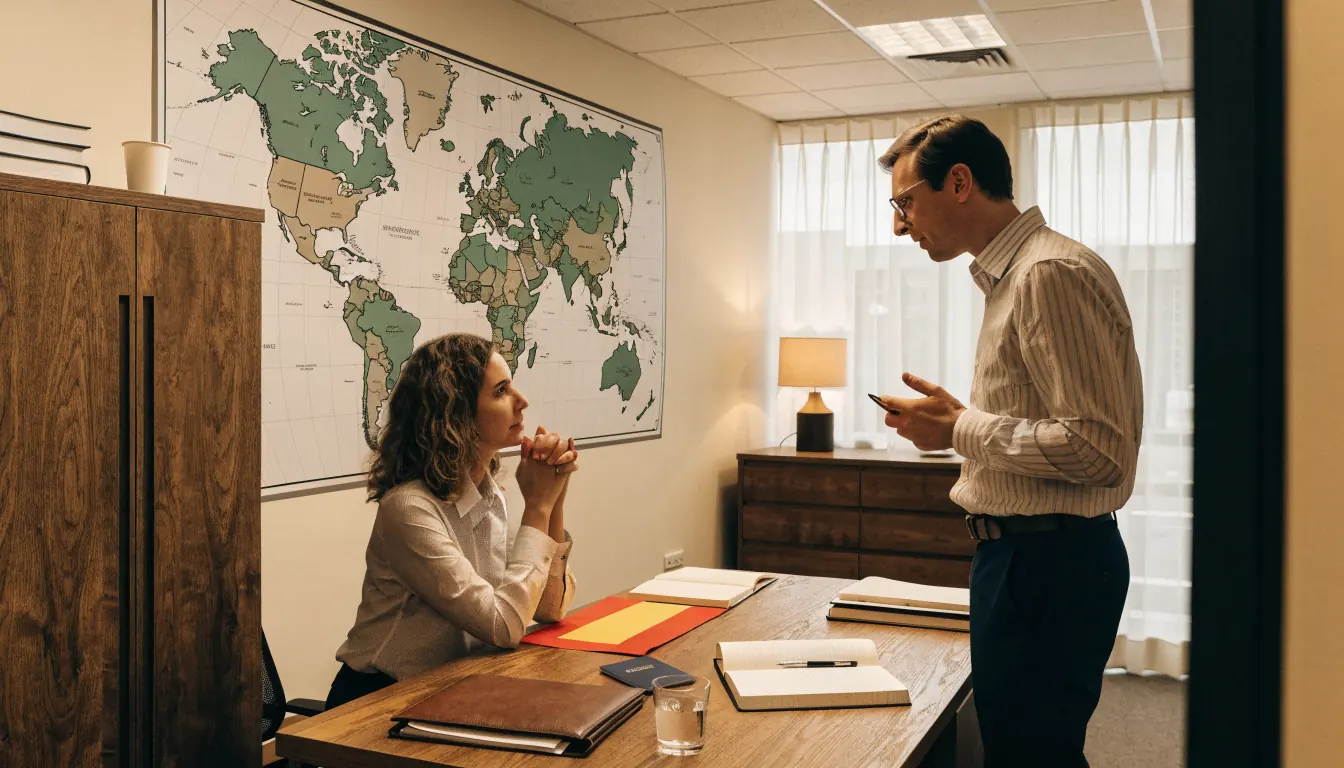 Oficina corporativa con mapa mundial, pasaporte y bandera española